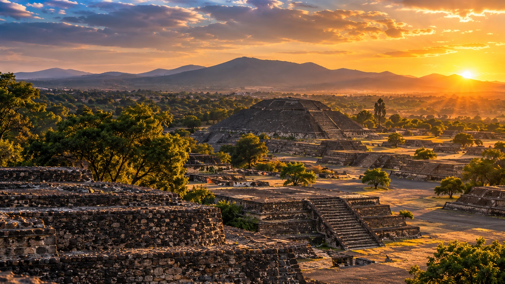 Recreación visual de una zona arqueológica mexicana al atardecer