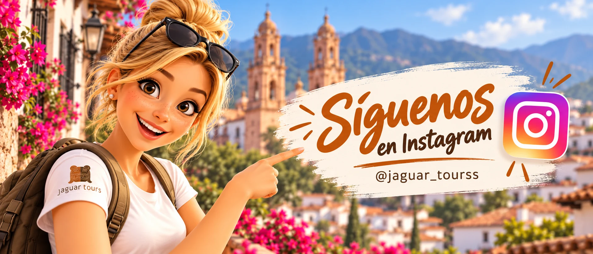 Banner ilustrado de Jaguar Tours que invita a seguir su cuenta de Instagram
